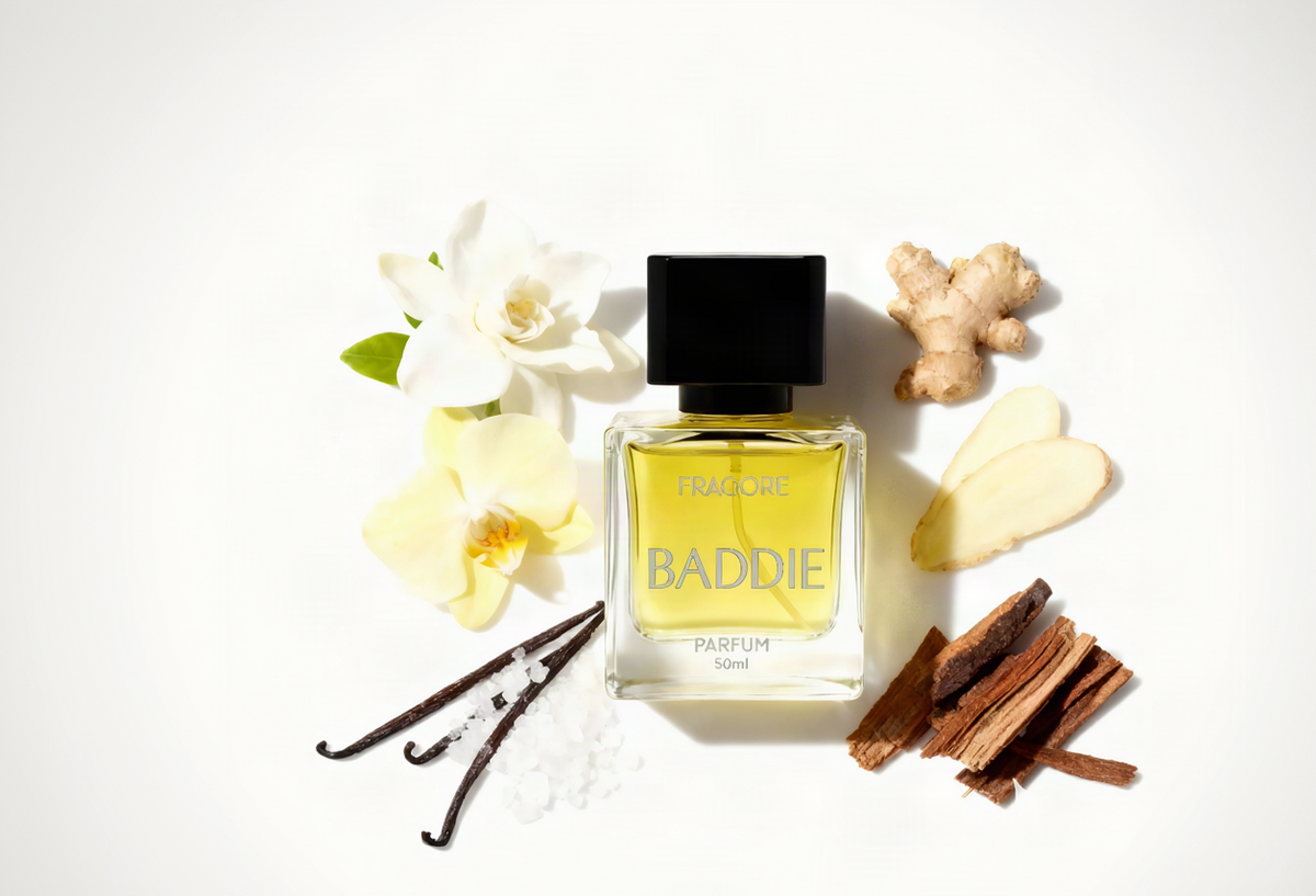 BADDIE by FRAGORE, a 50ml parfum bottle among white flowers, fresh ginger, vanilla pods and sandalwood