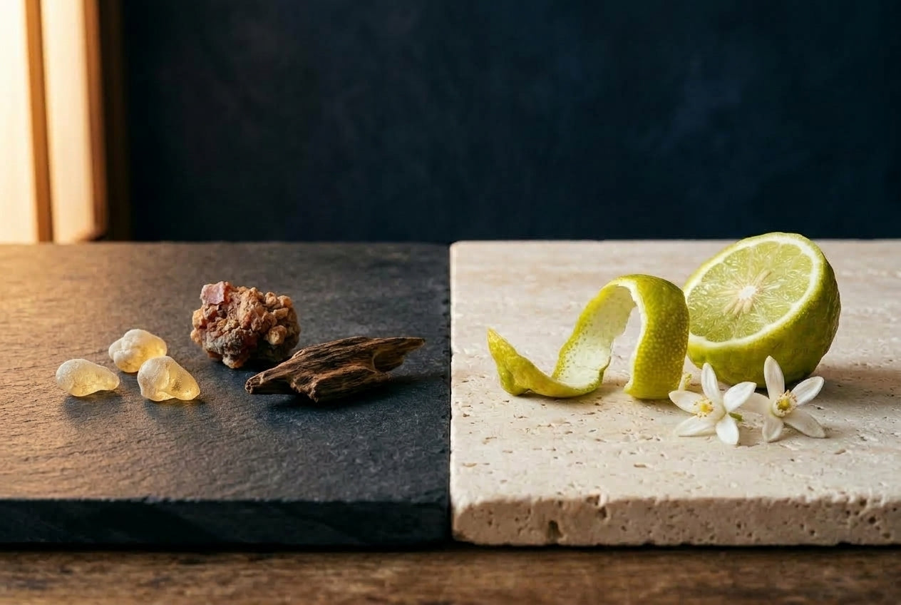 Frankincense, myrrh and agarwood on dark slate beside citrus peel and orange blossom on travertine