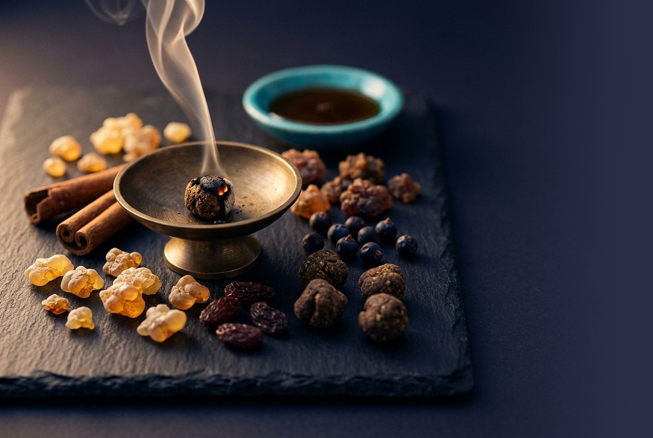 A kyphi pellet smouldering in a bronze dish, with frankincense, myrrh, cinnamon, juniper, raisins and honey on dark slate
