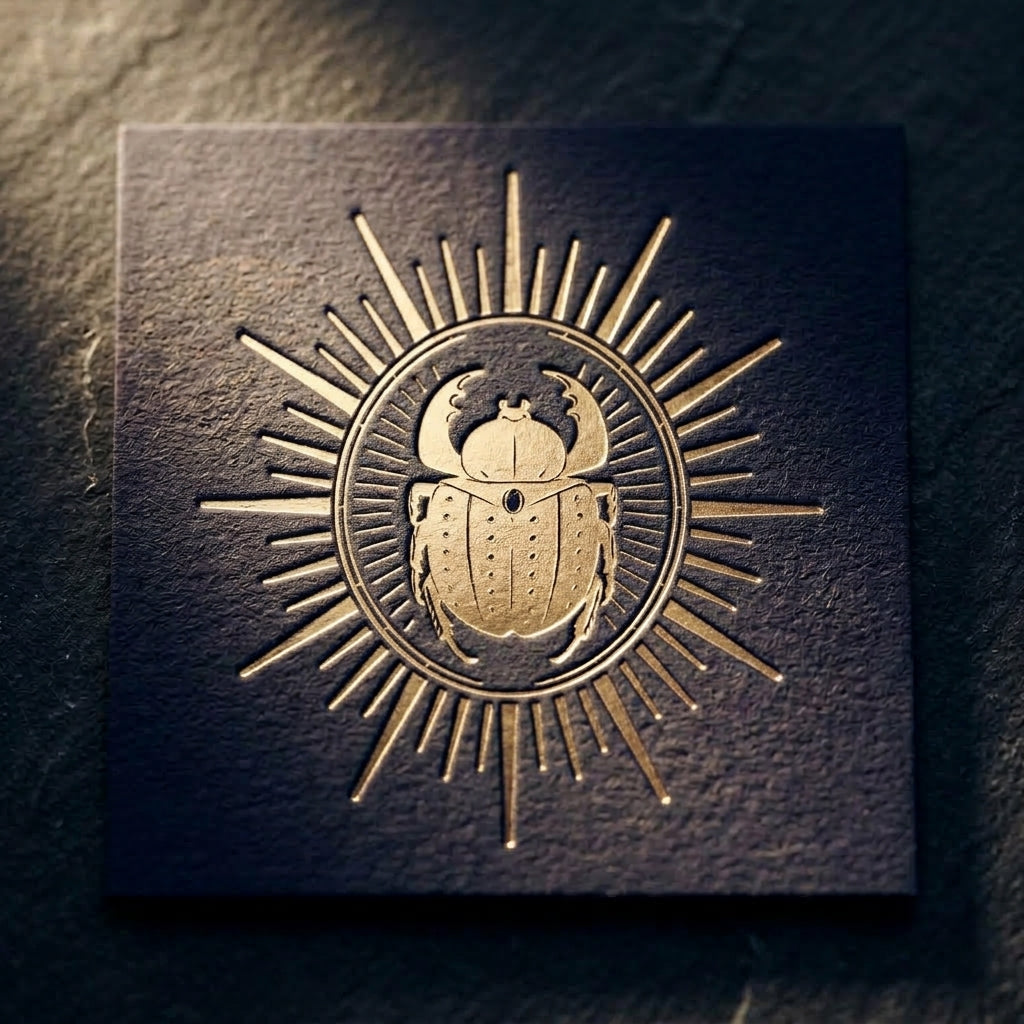 The FRAGORE scarab mark with the sun, in gold foil on an indigo card