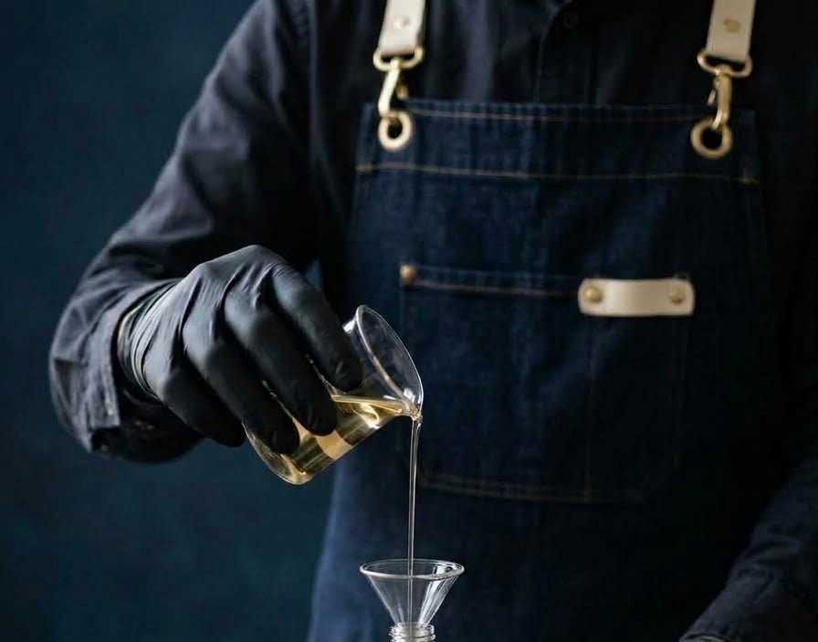 Gloved hands pouring parfum through a funnel into a FRAGORE bottle in the Cairo lab